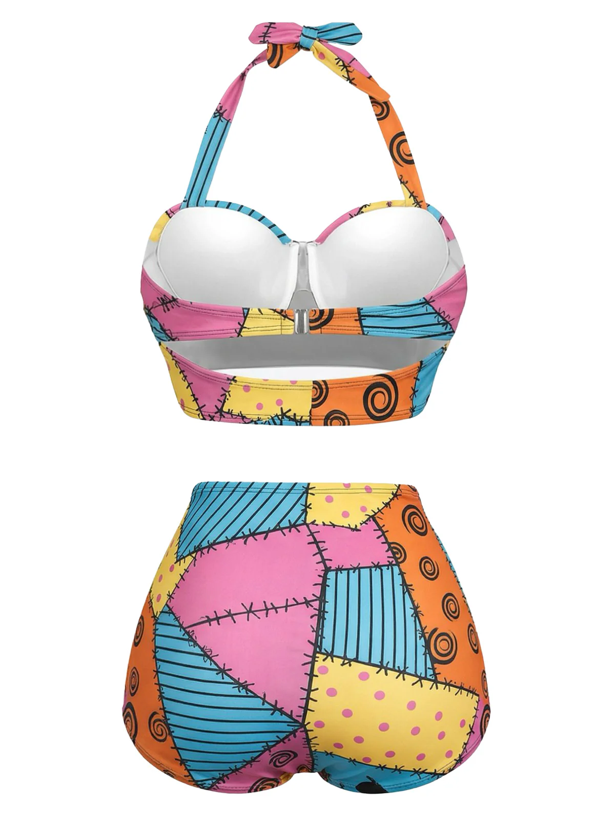 Black 1950s Floral Print Lace-Up Halter Swimsuit - Image 6