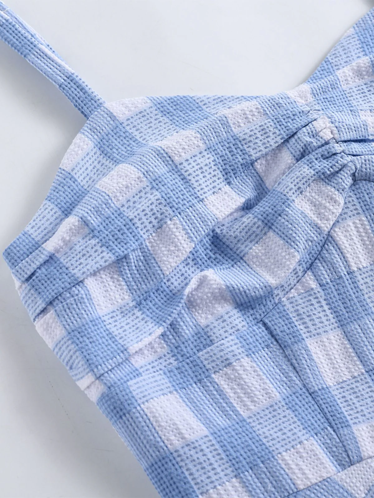 Blue 1950s Spaghetti Strap Plaid Dress - Image 4