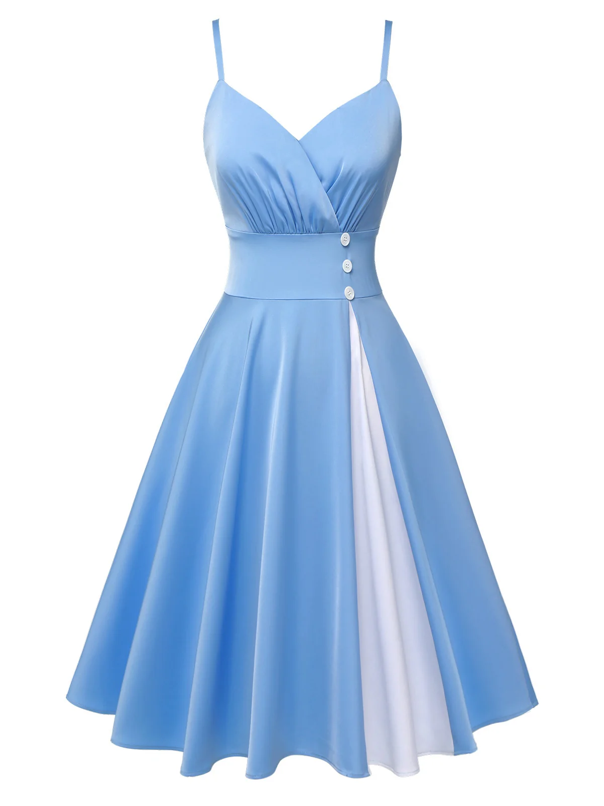 Blue 1950s Spaghetti Straps Patchwork Dress - Image 2