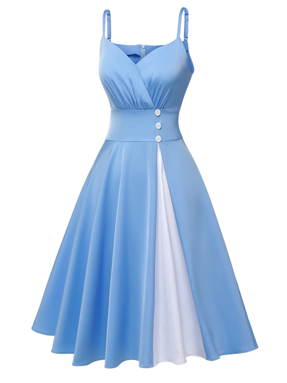 Blue 1950s Spaghetti Straps Patchwork Dress - Image 3