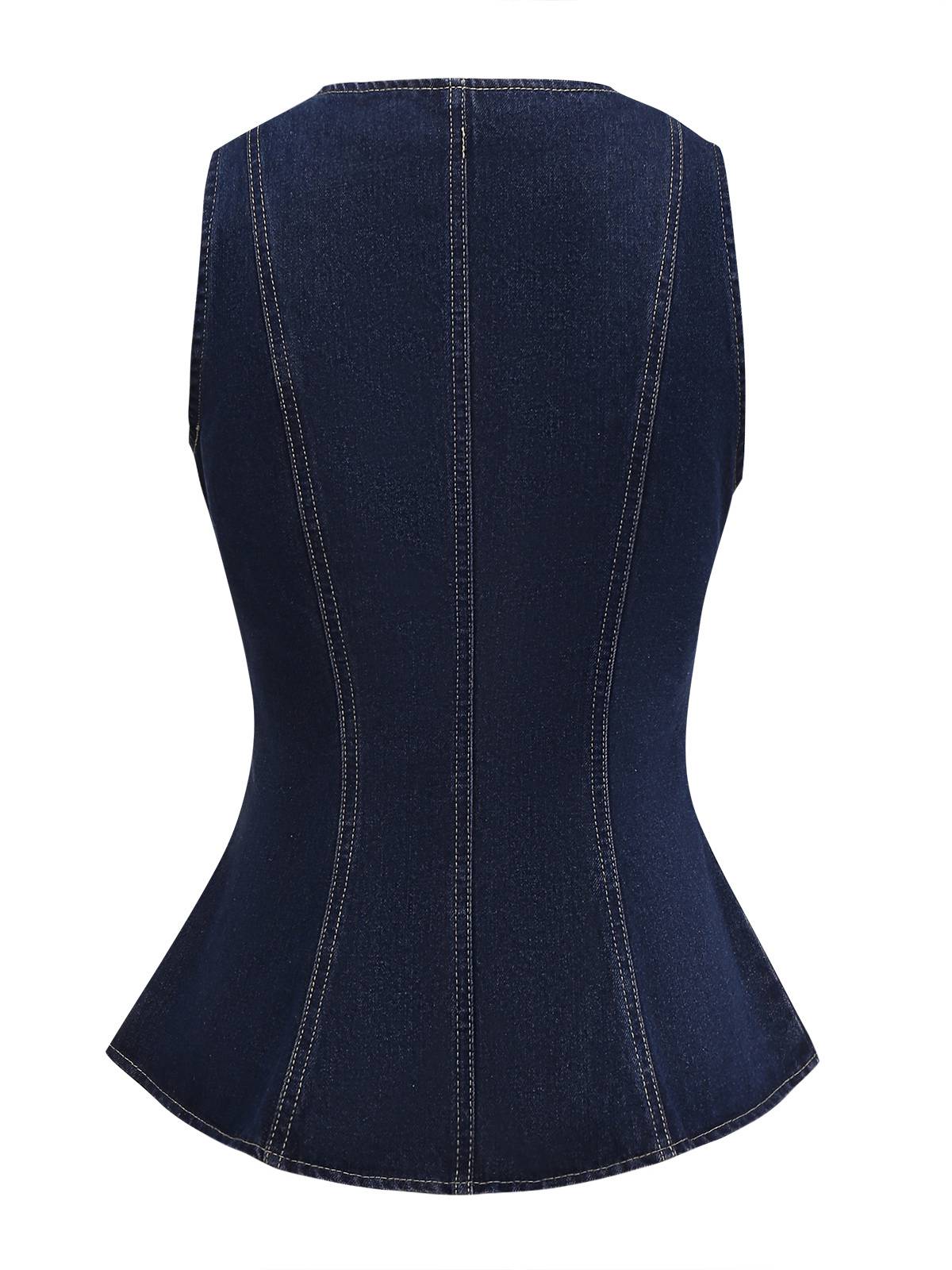 Blue 1950s Square Neck Buttoned Denim Vest - Image 2