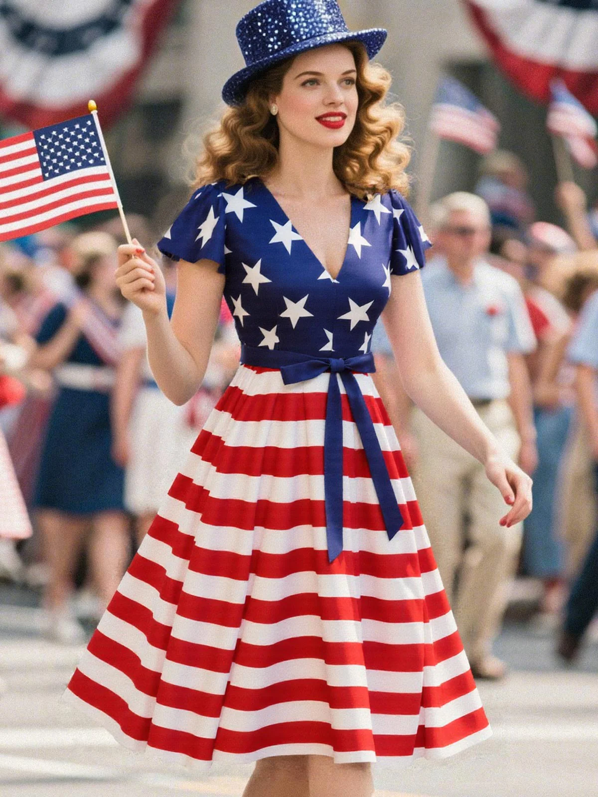 Blue 1950s Star Stripe V-Neck Patchwork Dress - Image 2