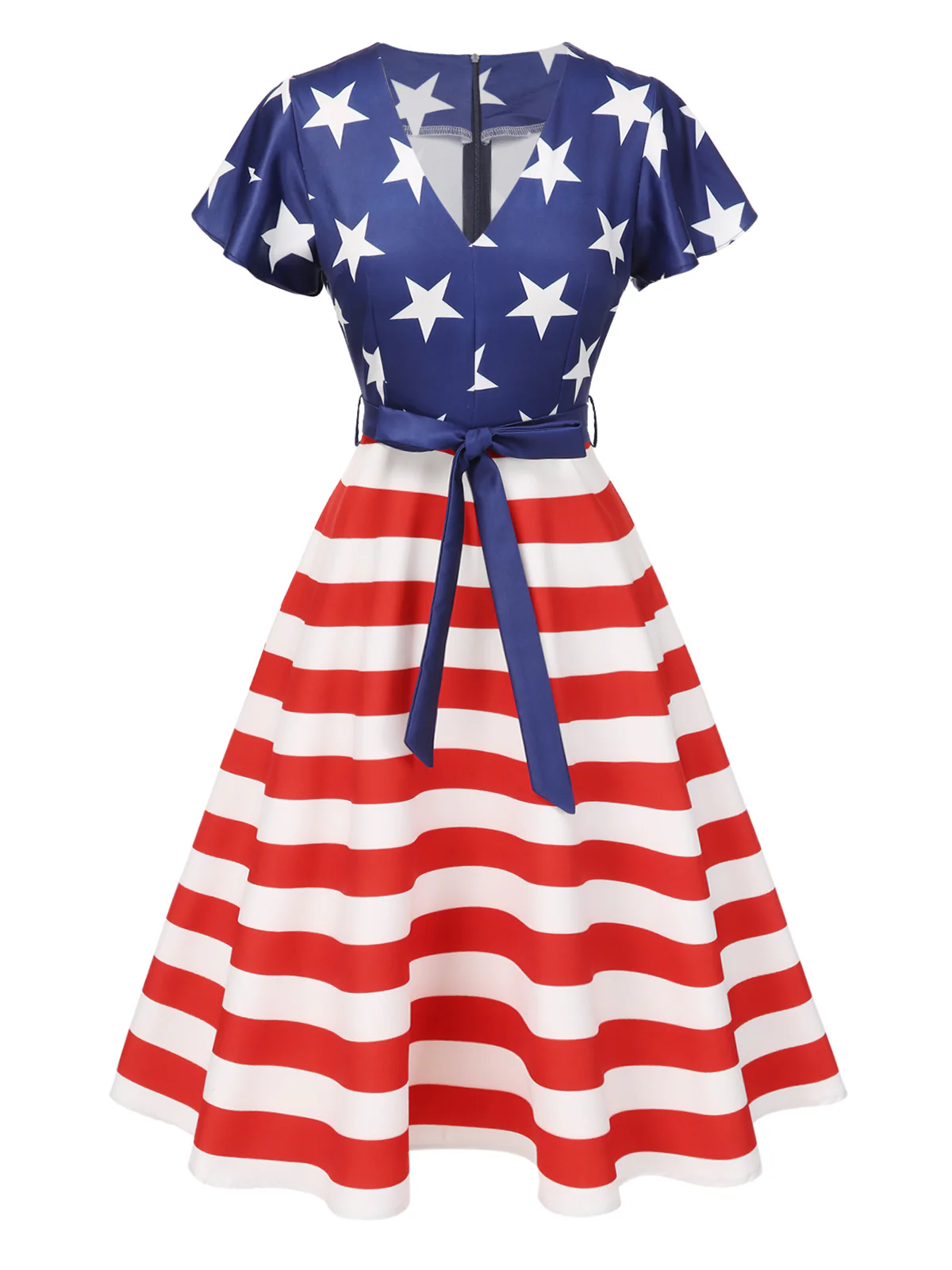 Blue 1950s Star Stripe V-Neck Patchwork Dress - Image 3