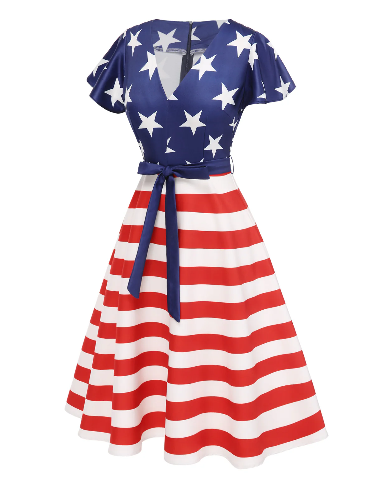 Blue 1950s Star Stripe V-Neck Patchwork Dress - Image 4