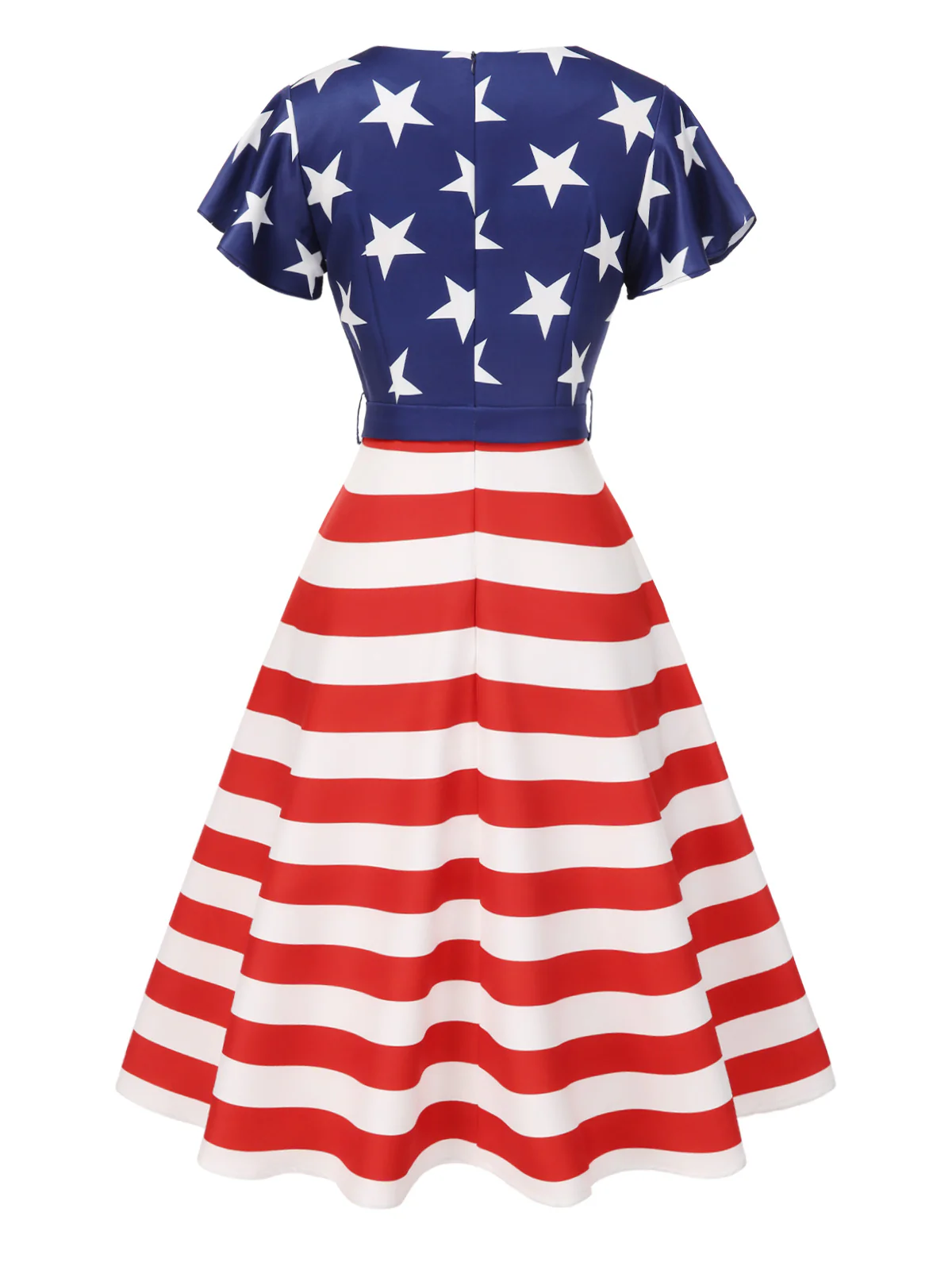 Blue 1950s Star Stripe V-Neck Patchwork Dress - Image 5