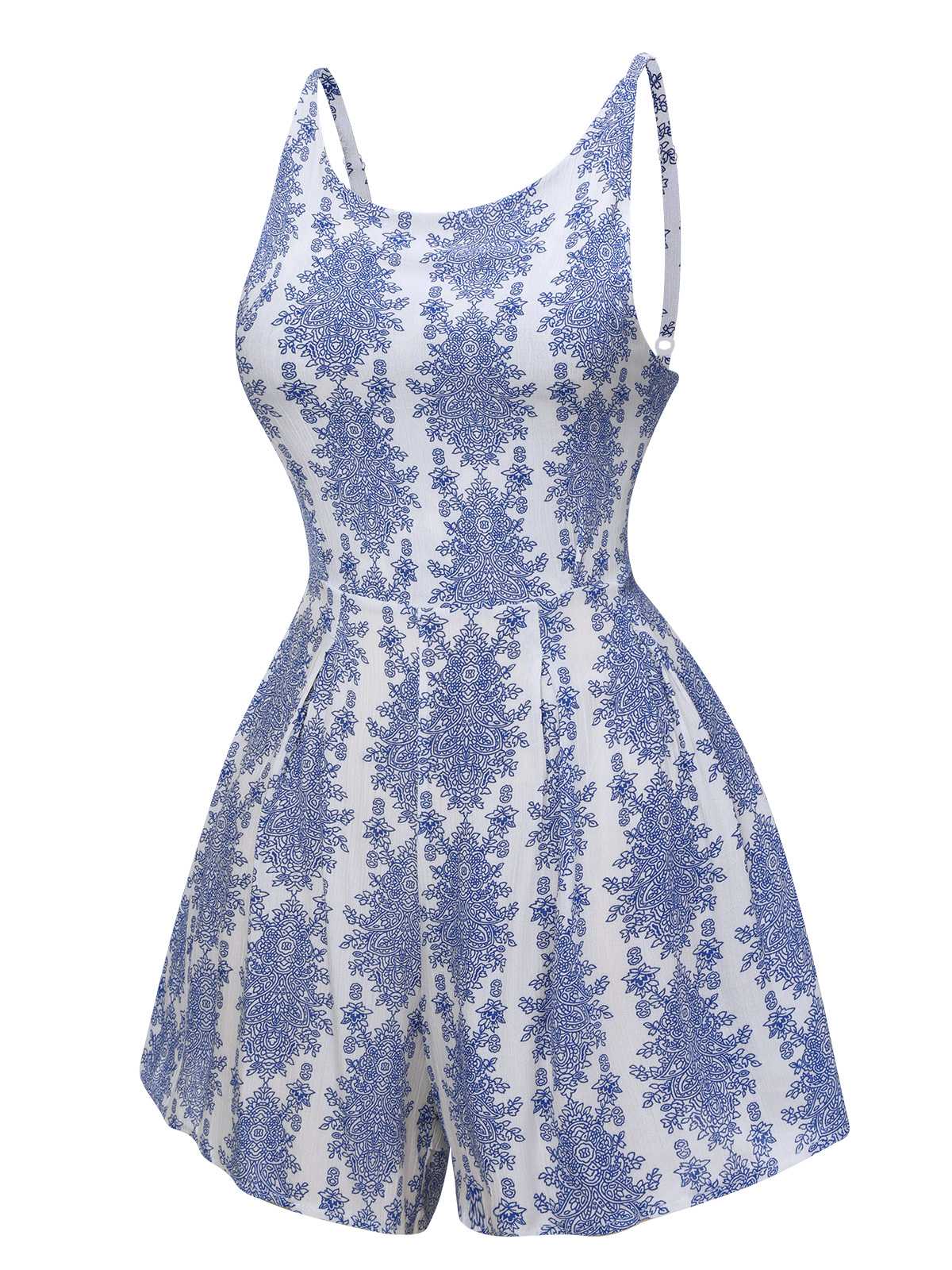 Blue 1950s Strap Print Backless Romper - Image 2