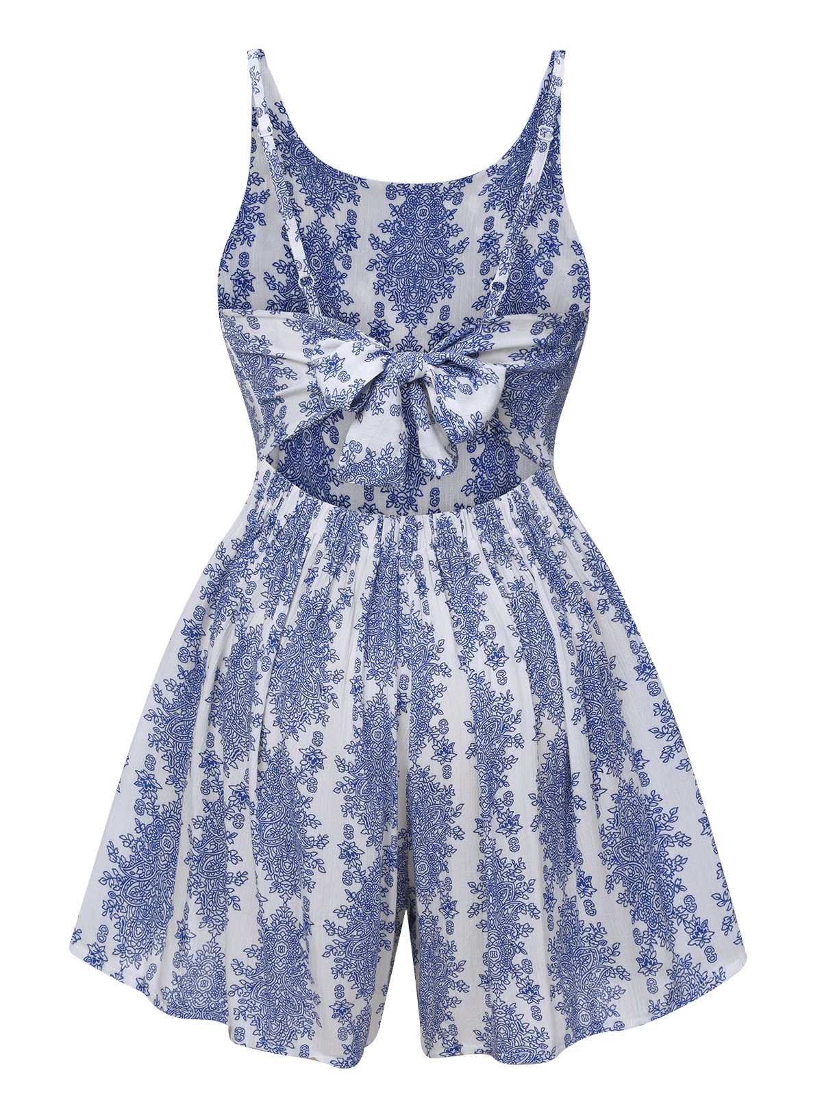 Blue 1950s Strap Print Backless Romper - Image 3