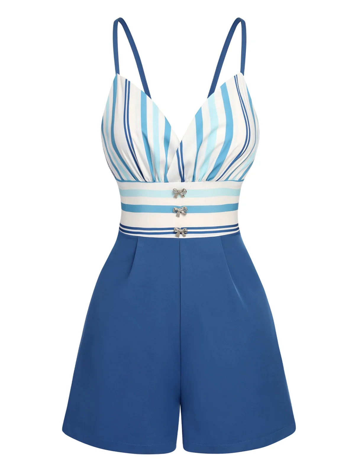 Blue 1950s Stripe Back Strap Romper - Image 2