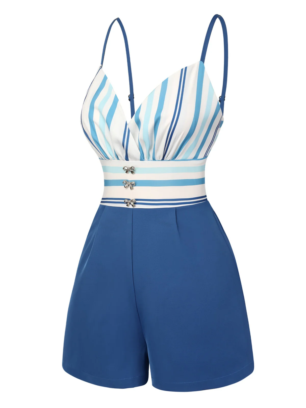 Blue 1950s Stripe Back Strap Romper - Image 3