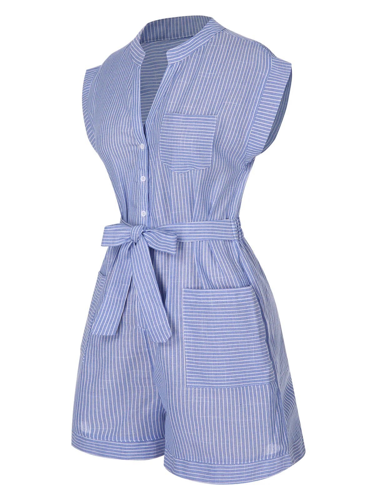 Blue 1950s Striped Belt Pocket Romper - Image 3