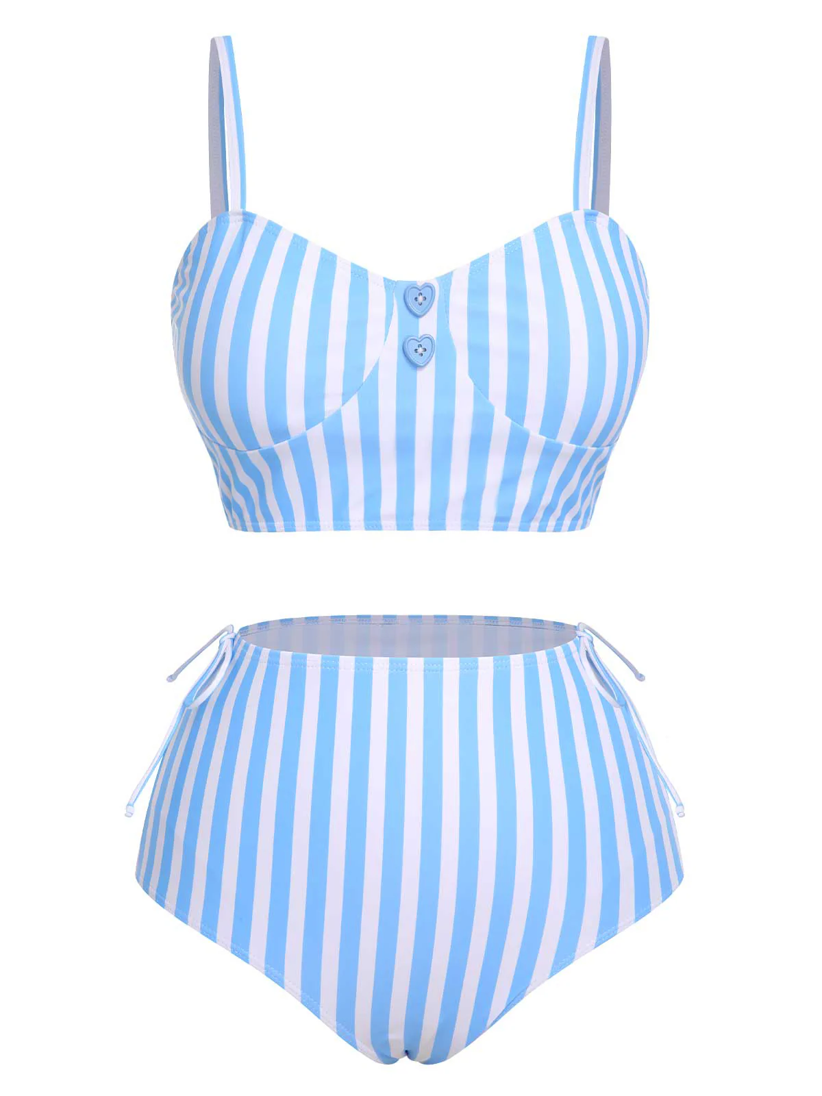Blue 1950s Striped Heart Button Swimsuit - Image 2