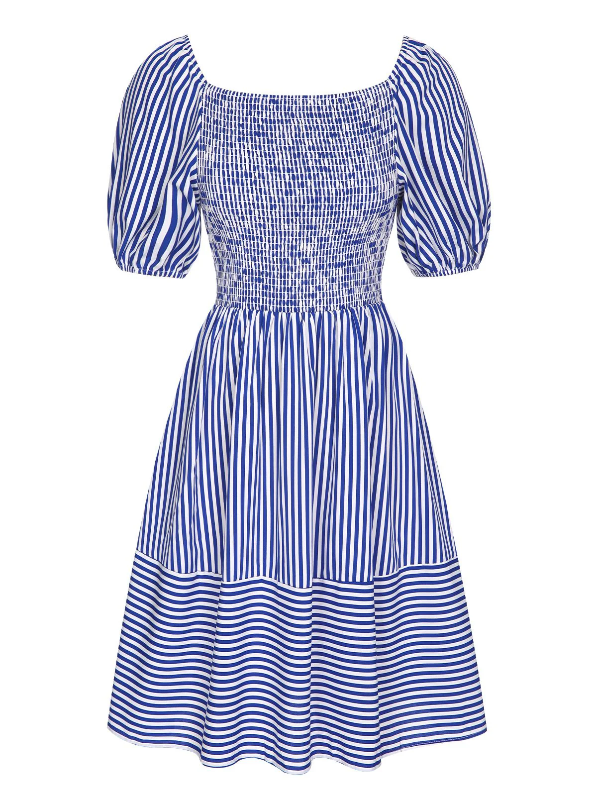Blue 1950s Striped Raglan Square Neck Smocked Dress - Image 2