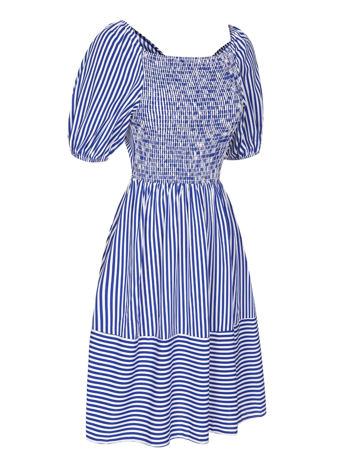 Blue 1950s Striped Raglan Square Neck Smocked Dress - Image 3