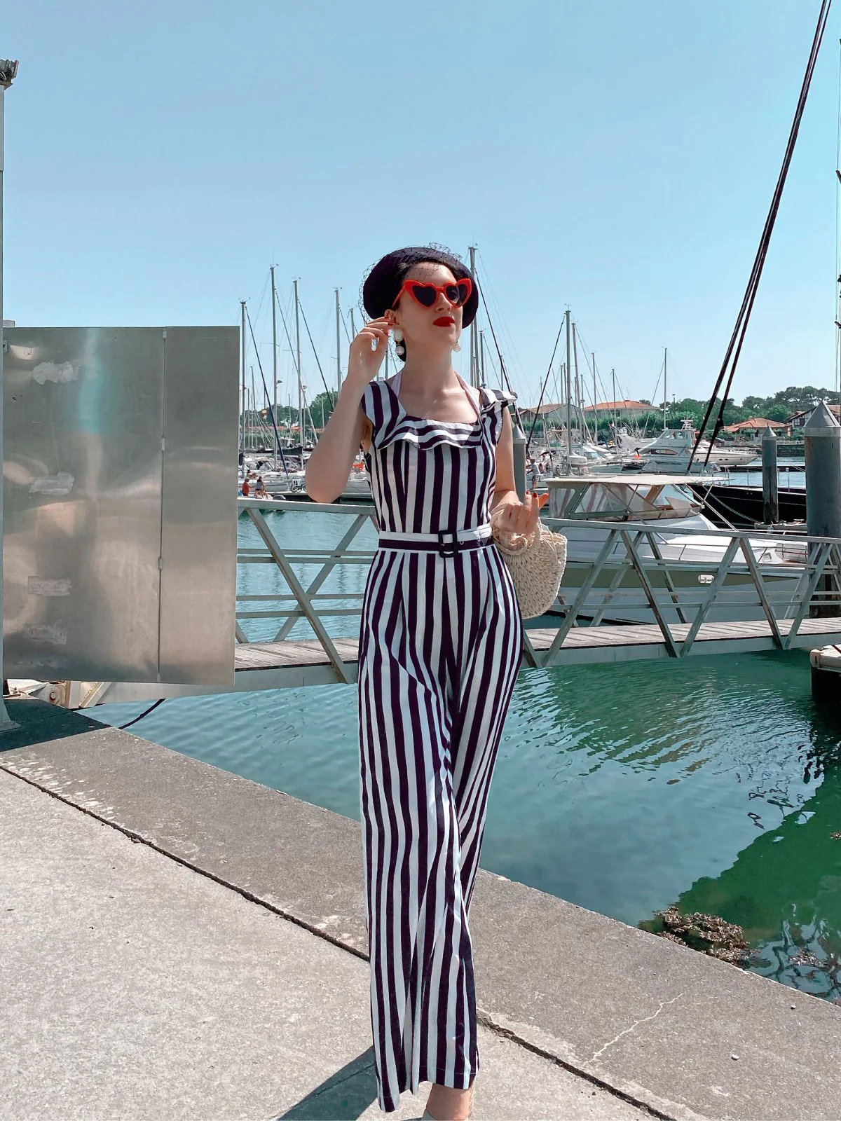 Blue 1930s Striped Ruffle Jumpsuit - Image 3