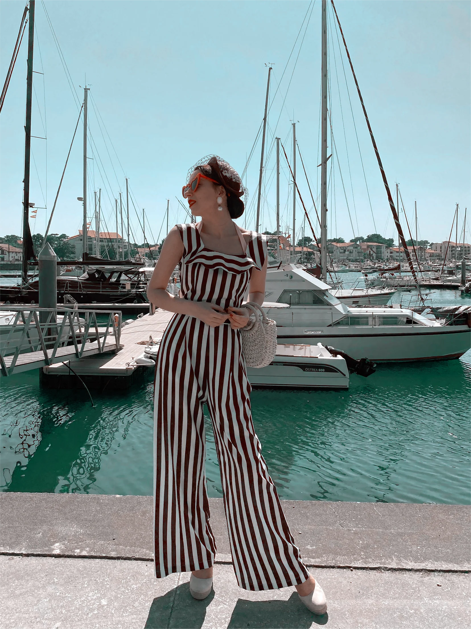 Blue 1930s Striped Ruffle Jumpsuit - Image 4
