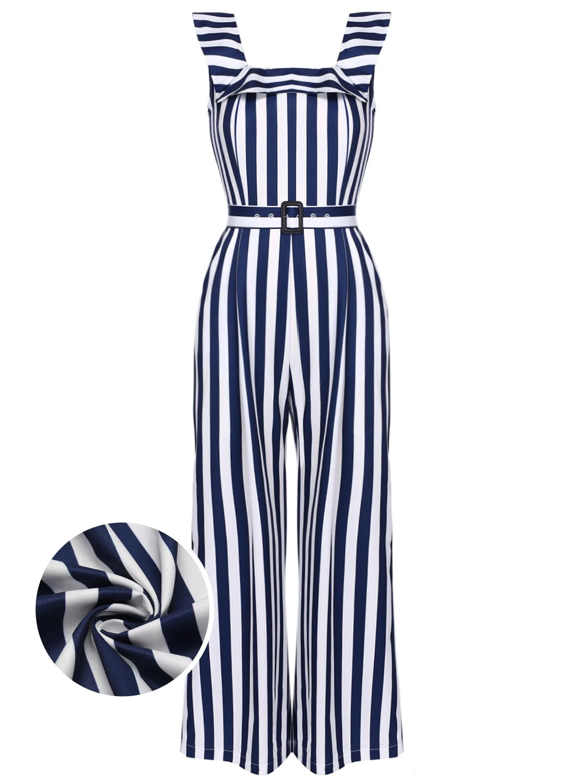 Blue 1930s Striped Ruffle Jumpsuit - Image 5