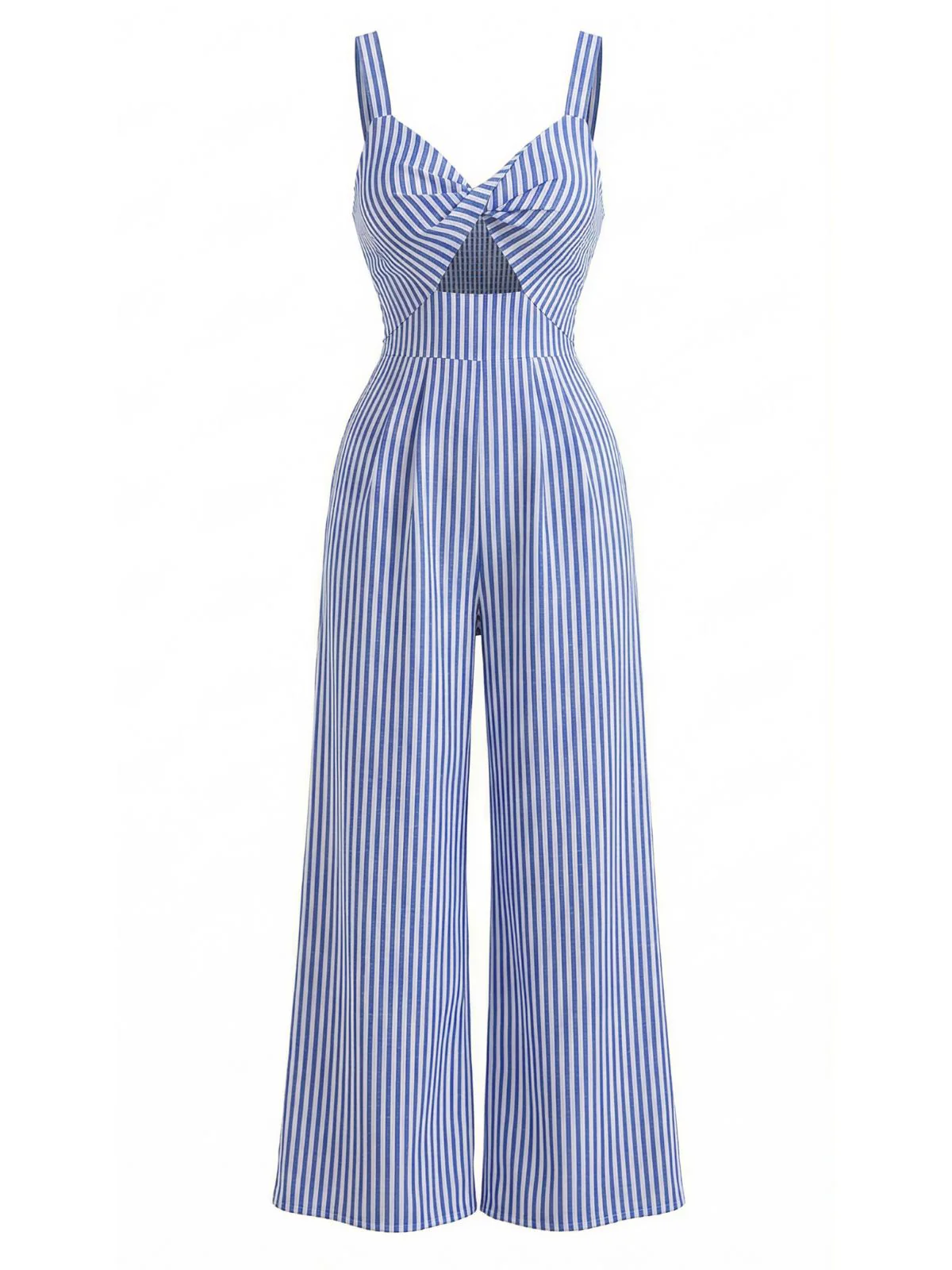 Blue 1950s Striped Twisted Hollow V-Neck Jumpsuit - Image 3