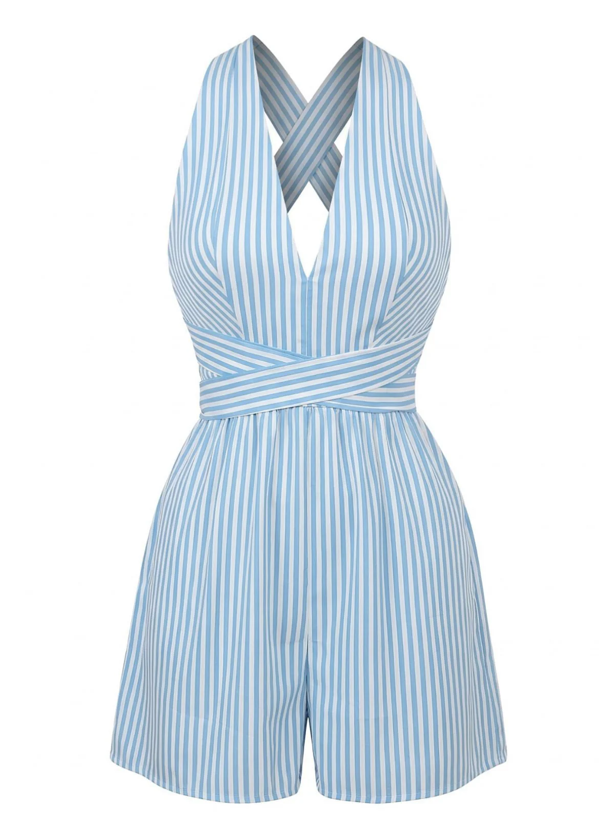 Blue 1950s Striped V-Neck Sleeveless Crisscross Belted Romper - Image 2