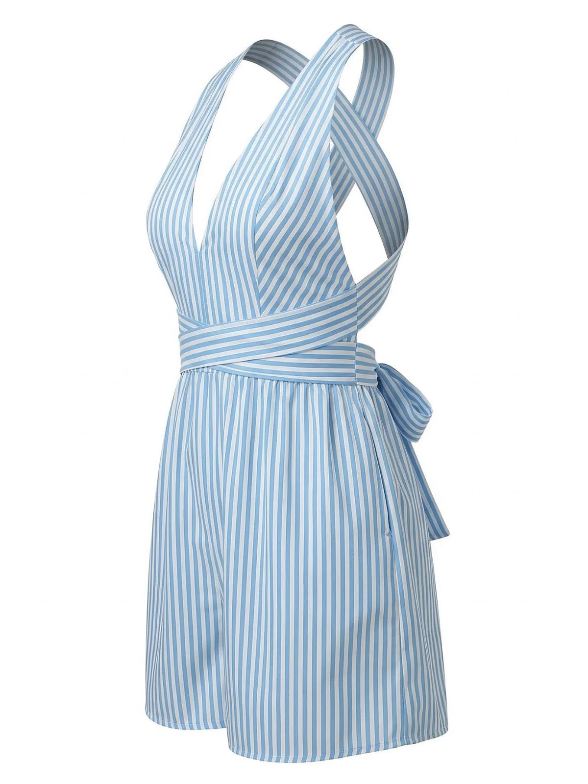Blue 1950s Striped V-Neck Sleeveless Crisscross Belted Romper - Image 3