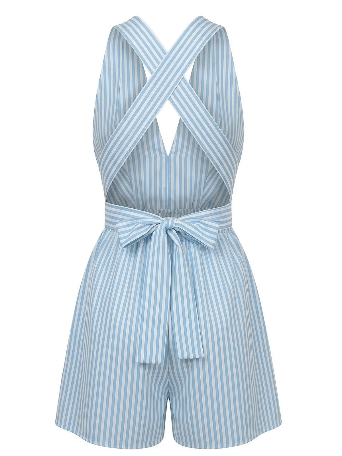 Blue 1950s Striped V-Neck Sleeveless Crisscross Belted Romper - Image 4