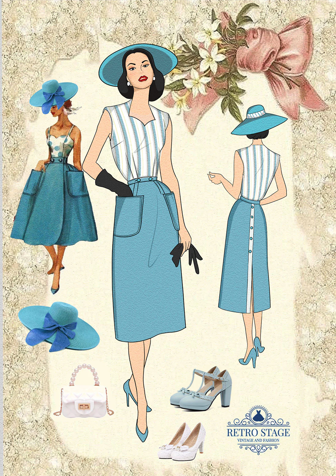 Blue 1950s Stripes Patchwork Pocketed Dress - Image 2