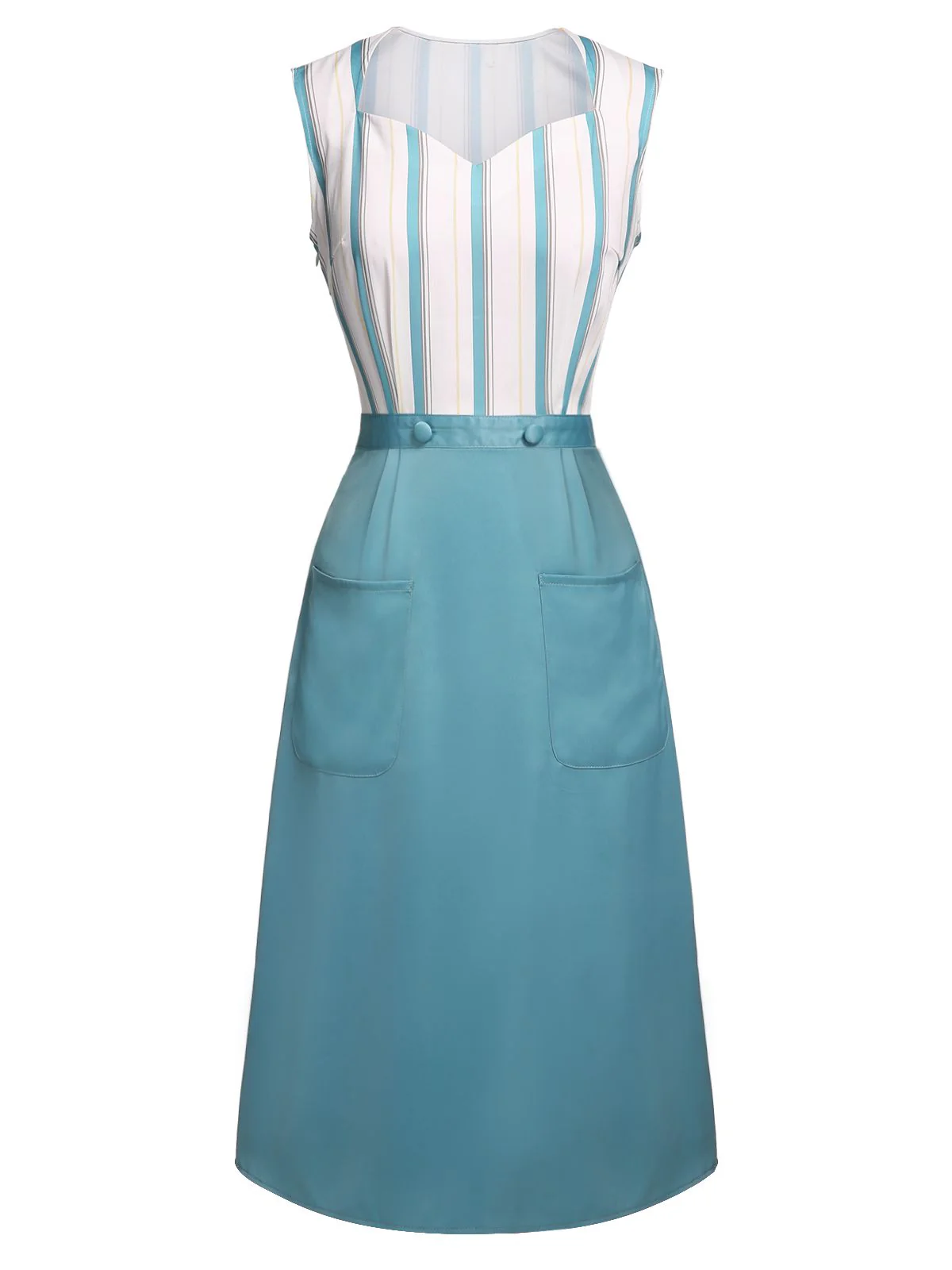 Blue 1950s Stripes Patchwork Pocketed Dress - Image 4