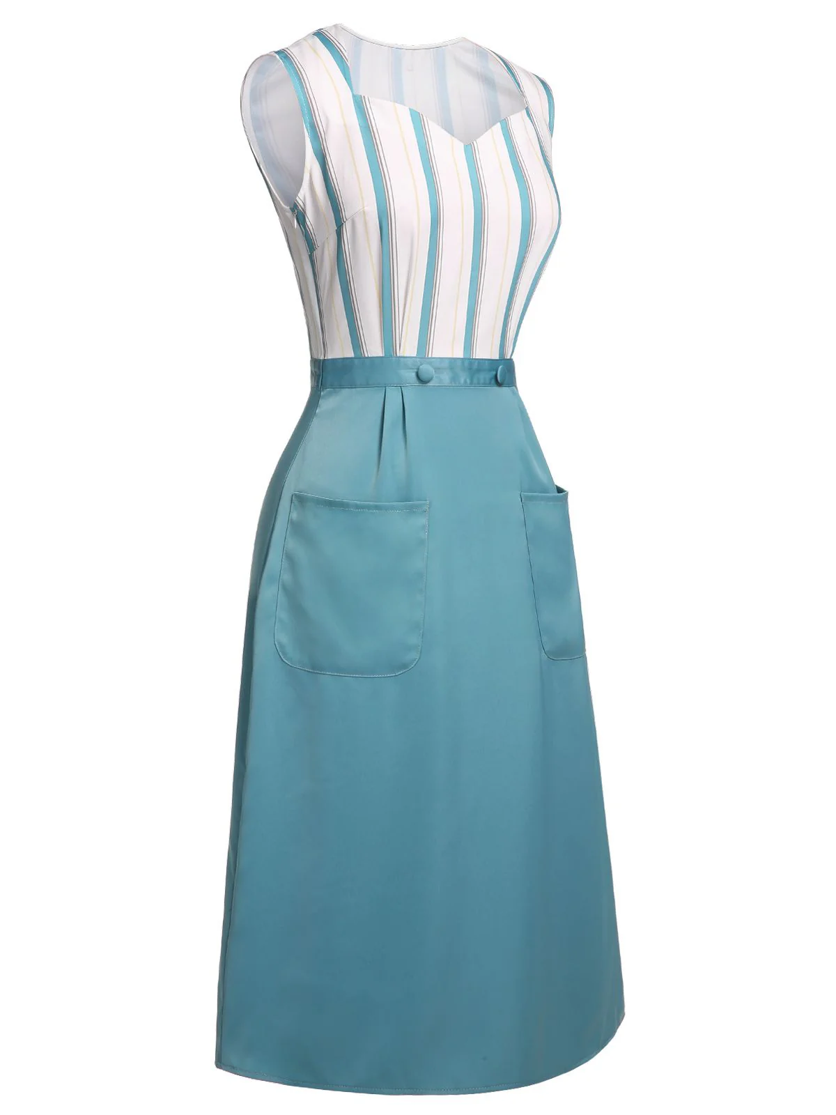 Blue 1950s Stripes Patchwork Pocketed Dress - Image 5