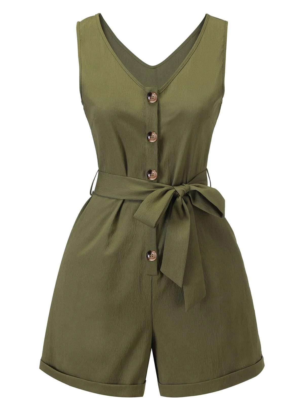 Olive Green 1950s V-Neck Button Waist Tie Romper - Image 2