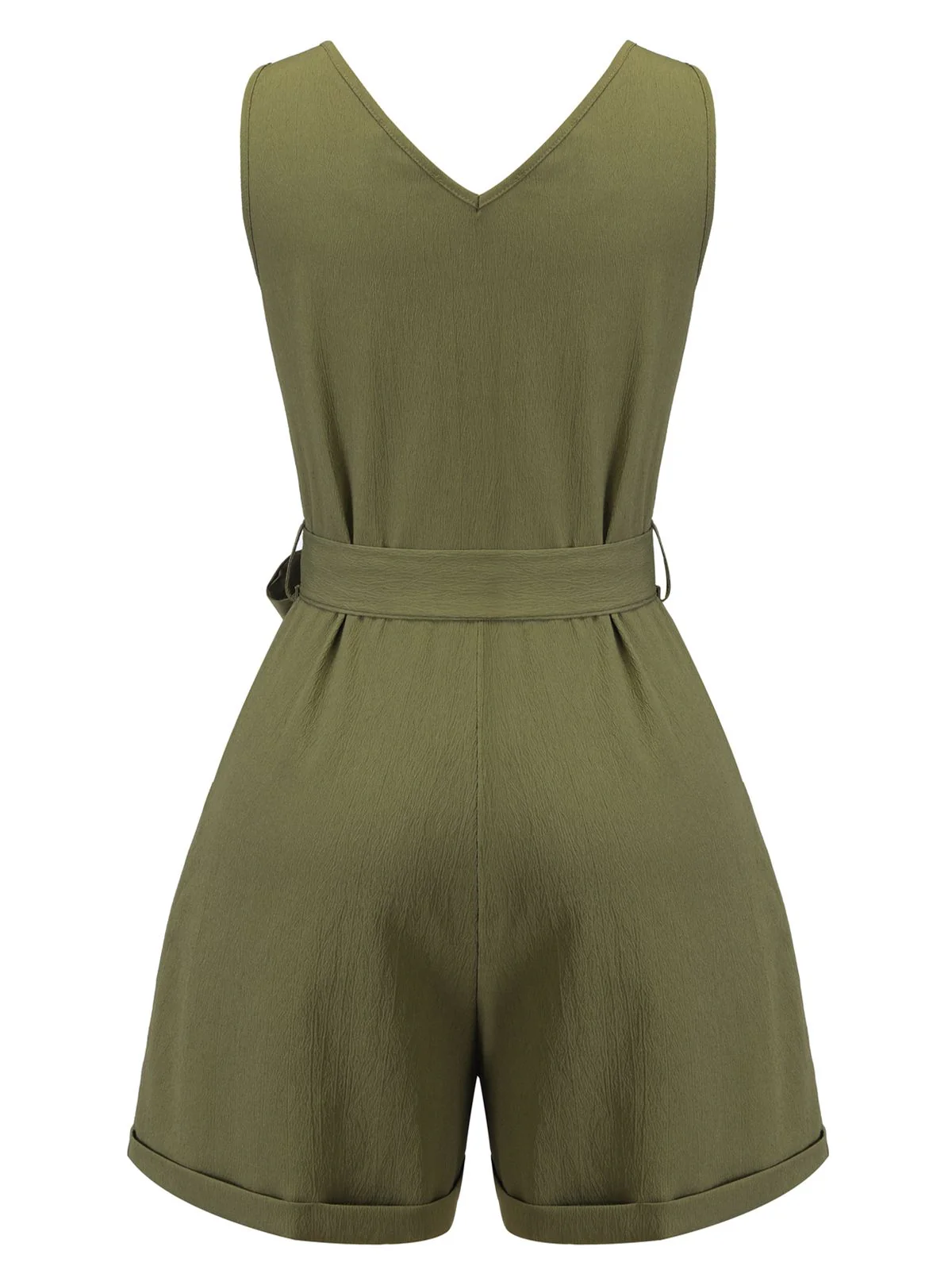 Olive Green 1950s V-Neck Button Waist Tie Romper - Image 3