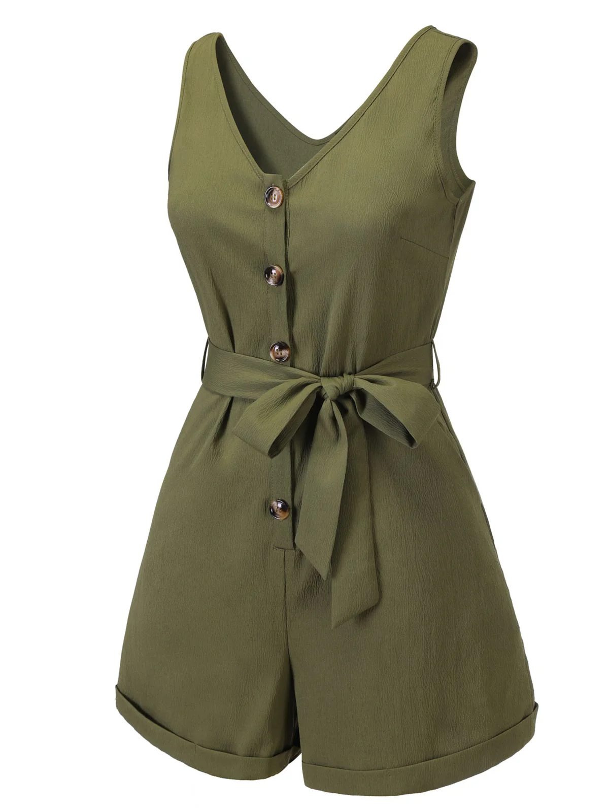 Olive Green 1950s V-Neck Button Waist Tie Romper - Image 4