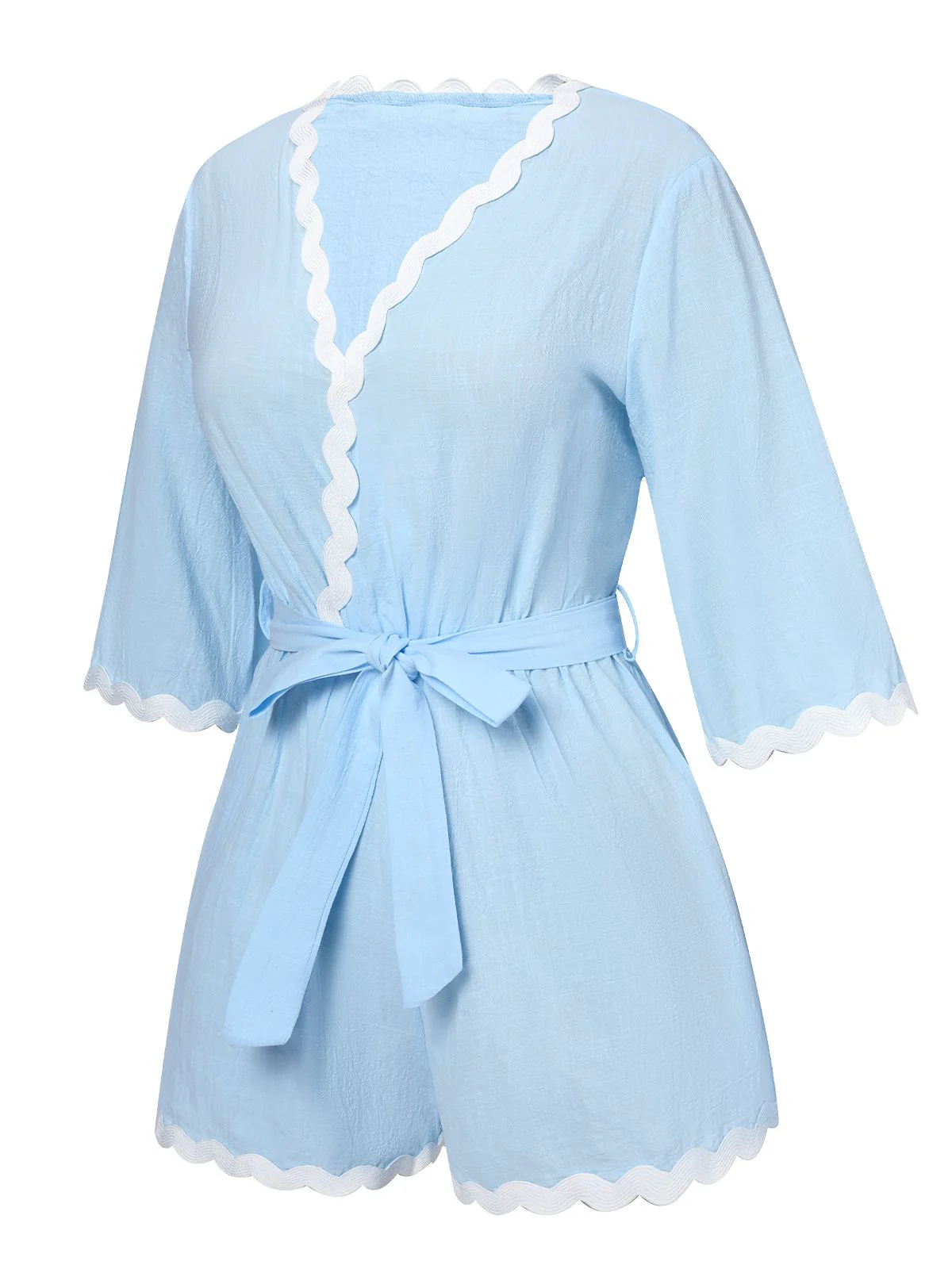 Blue 1950s V-Neck Solid Belted Romper - Image 2