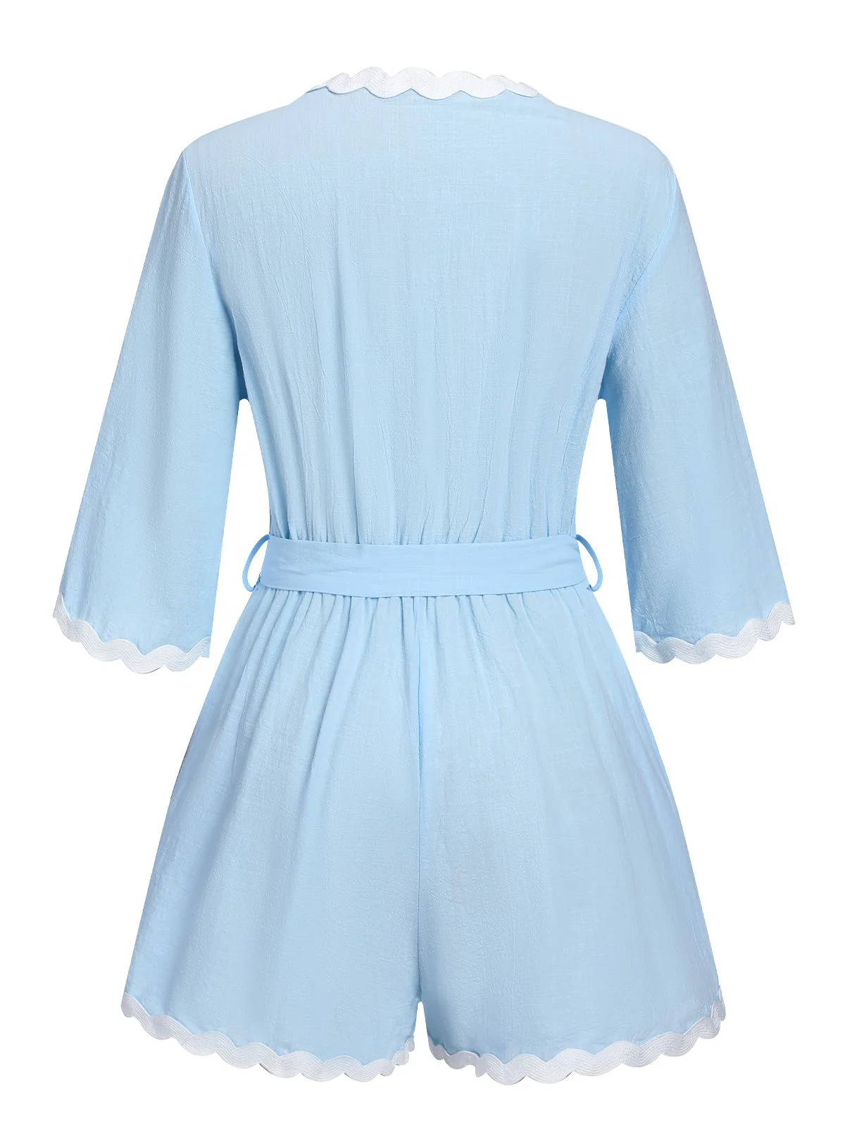 Blue 1950s V-Neck Solid Belted Romper - Image 3