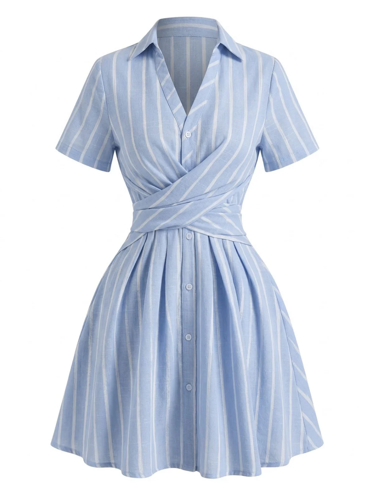 Blue 1950s Vertical Striped Johnny Collar Criss-Cross Dress - Image 2