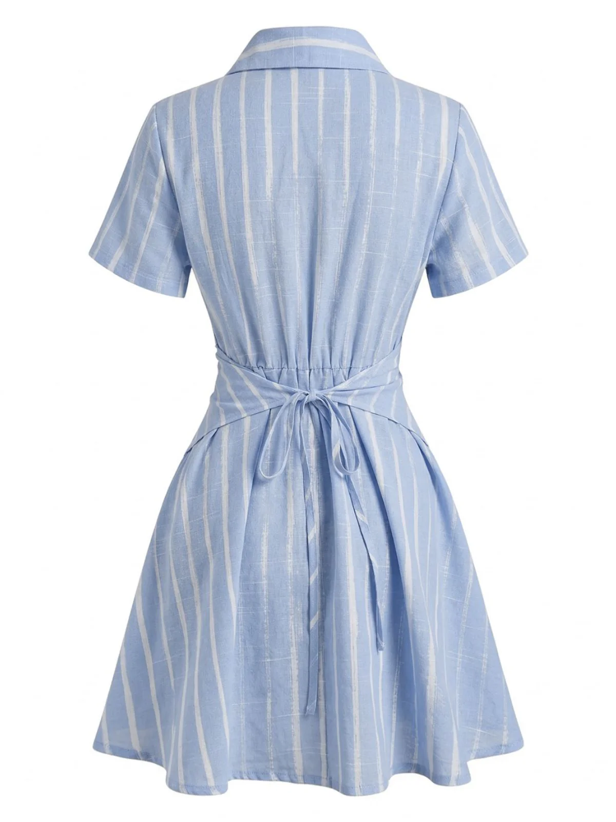 Blue 1950s Vertical Striped Johnny Collar Criss-Cross Dress - Image 3