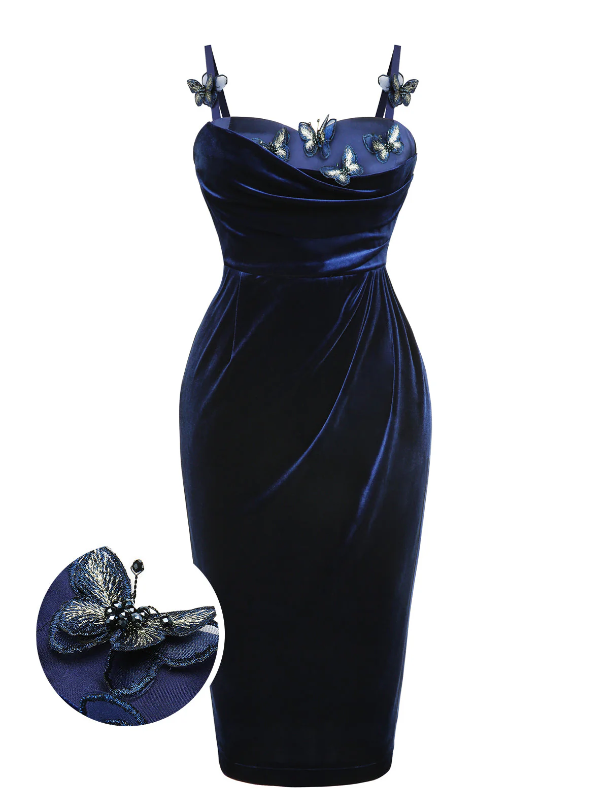 Blue 1960s 3D Butterfly Velvet Pencil Dress - Image 2