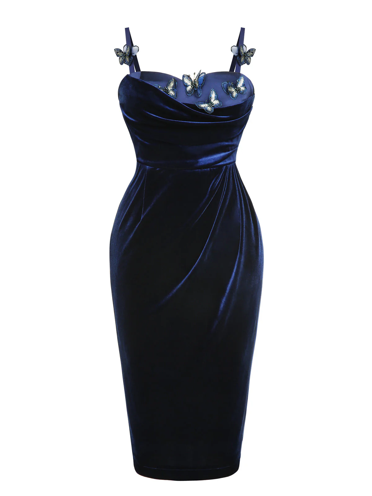 Blue 1960s 3D Butterfly Velvet Pencil Dress - Image 5