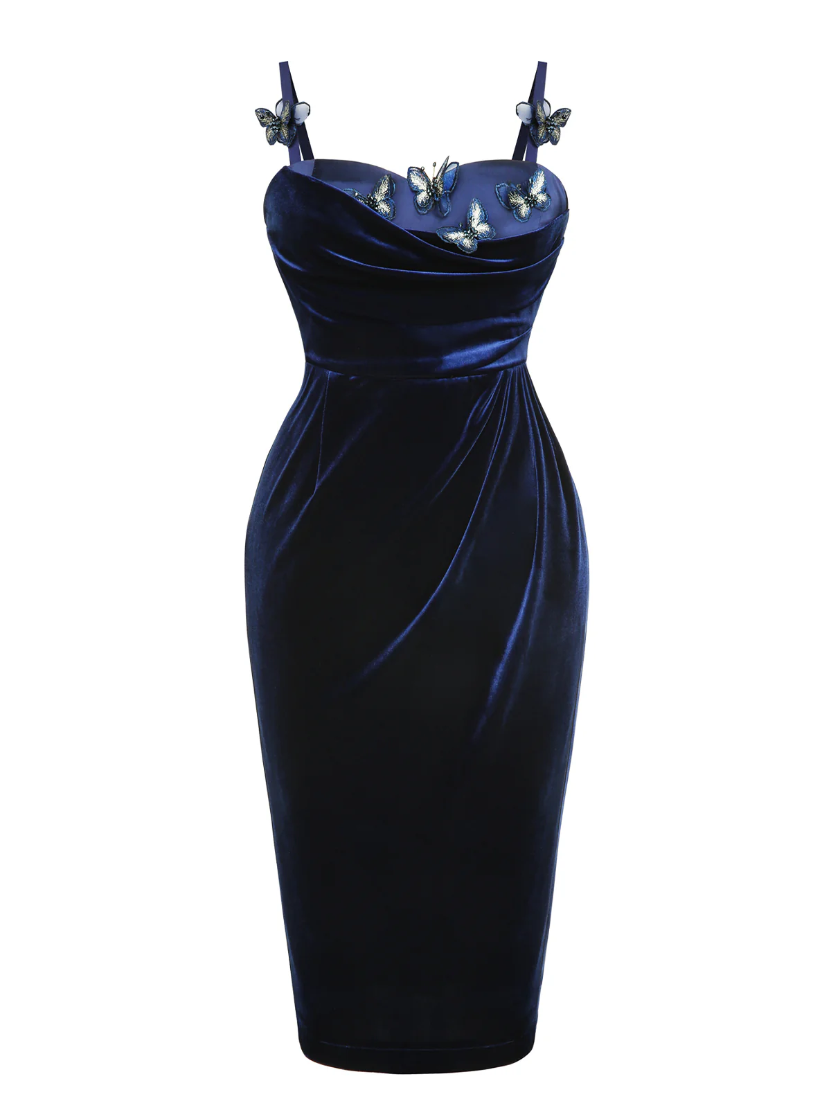 Blue 1960s 3D Butterfly Velvet Pencil Dress - Image 2