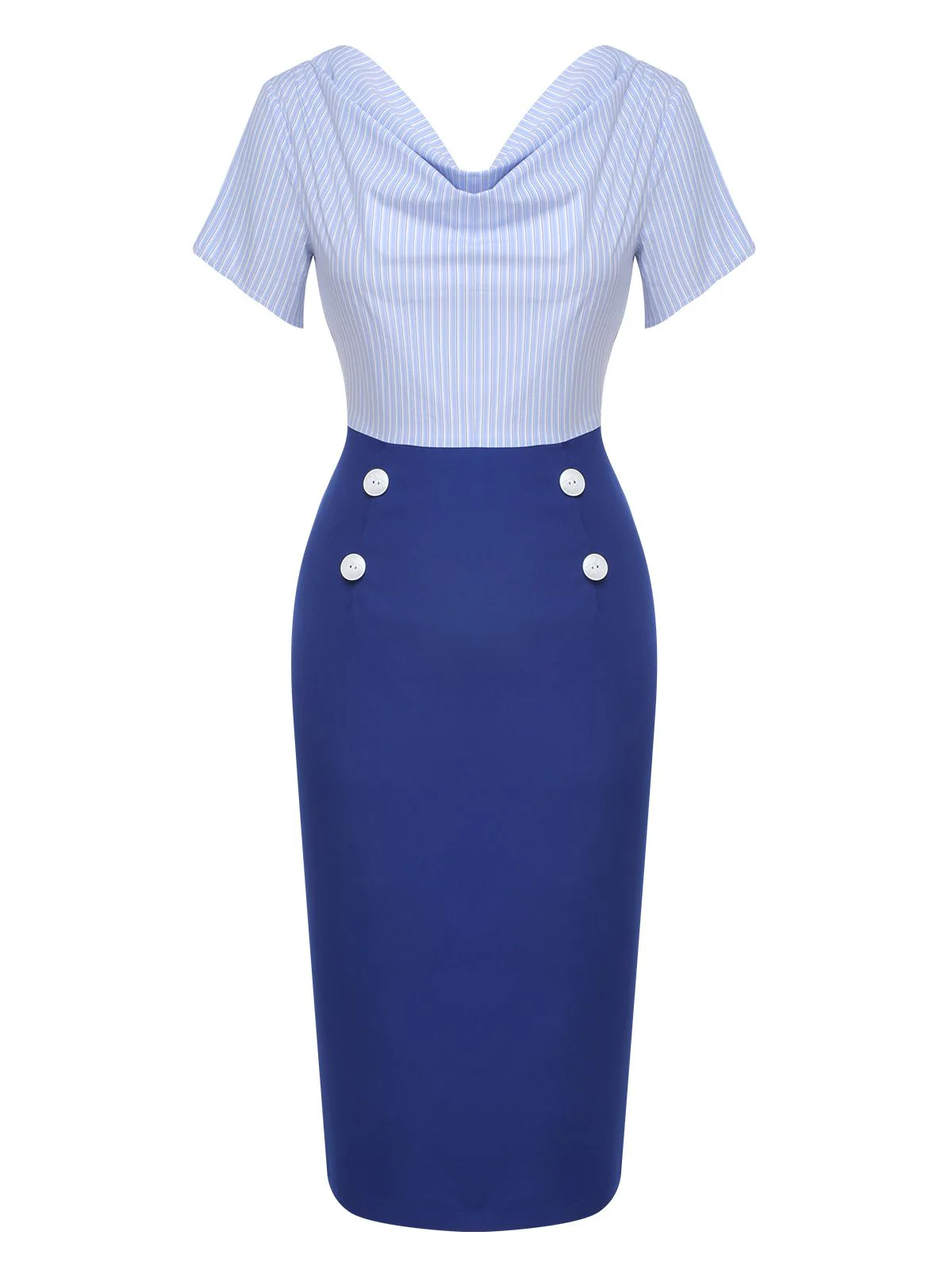 Blue 1960s Cowl Striped Lace-Up Wrap Dress - Image 2