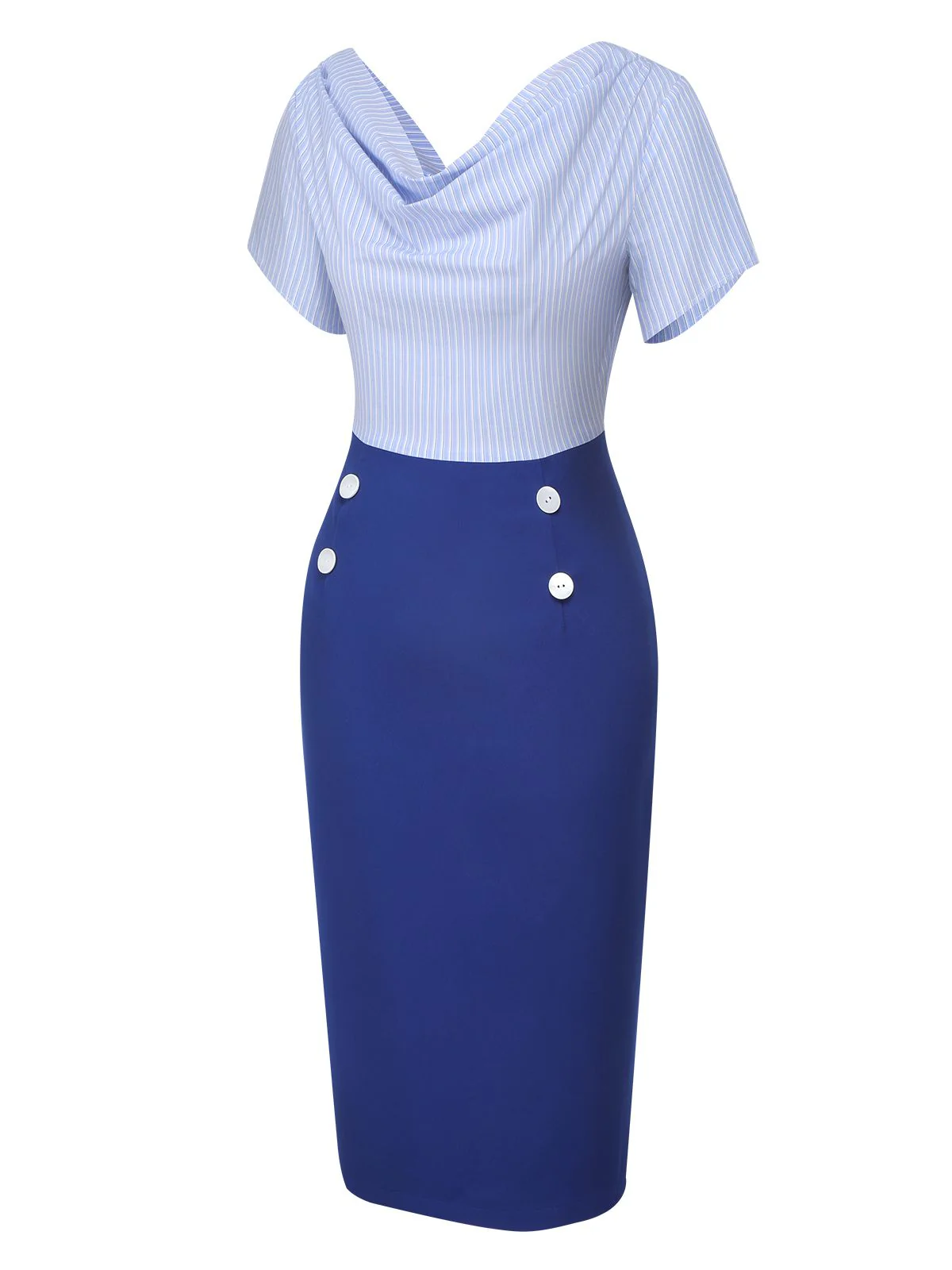 Blue 1960s Cowl Striped Lace-Up Wrap Dress - Image 4