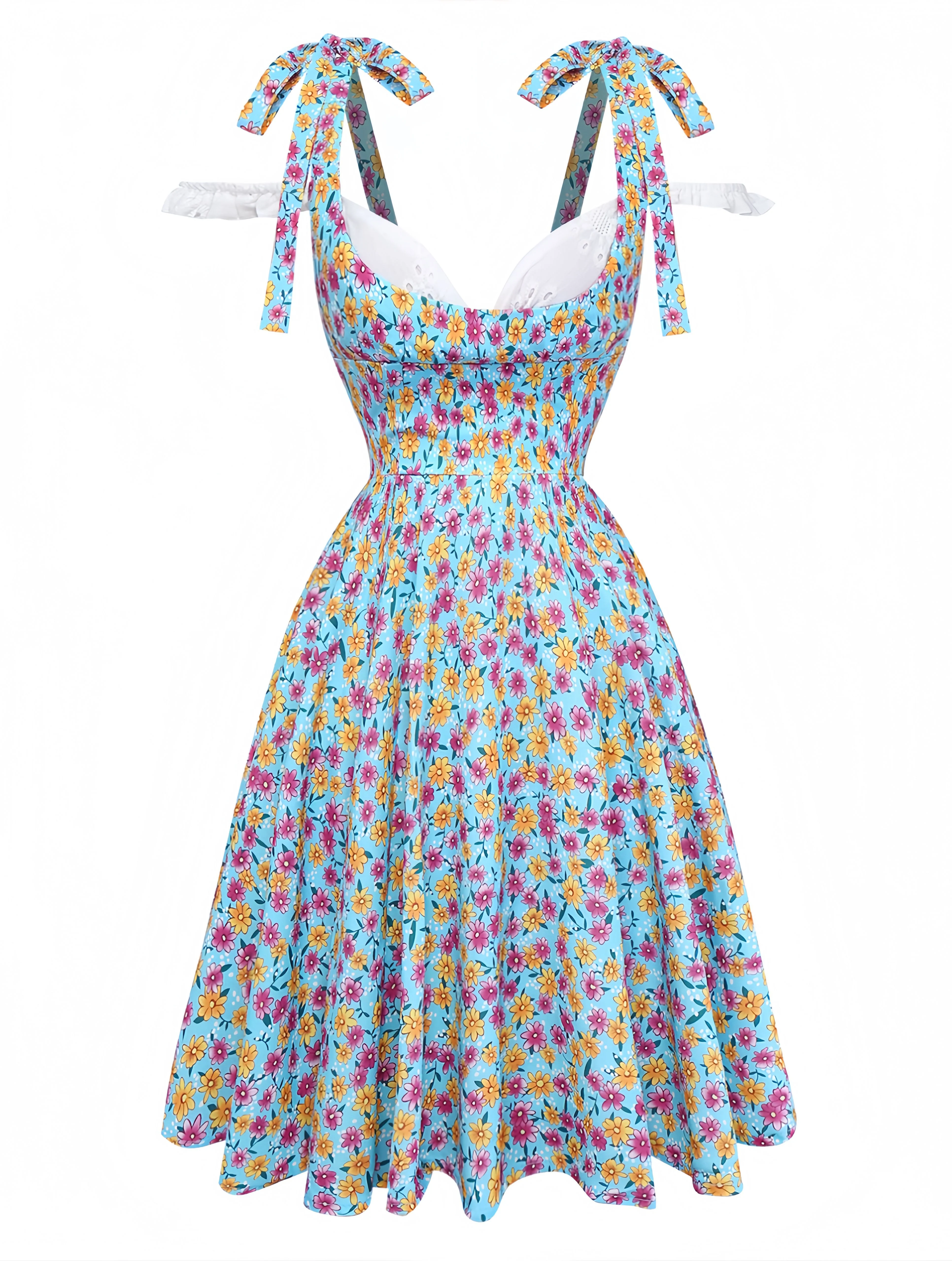Blue 1960s Daisy Floral V-Neck Slit Short Dress - Image 2