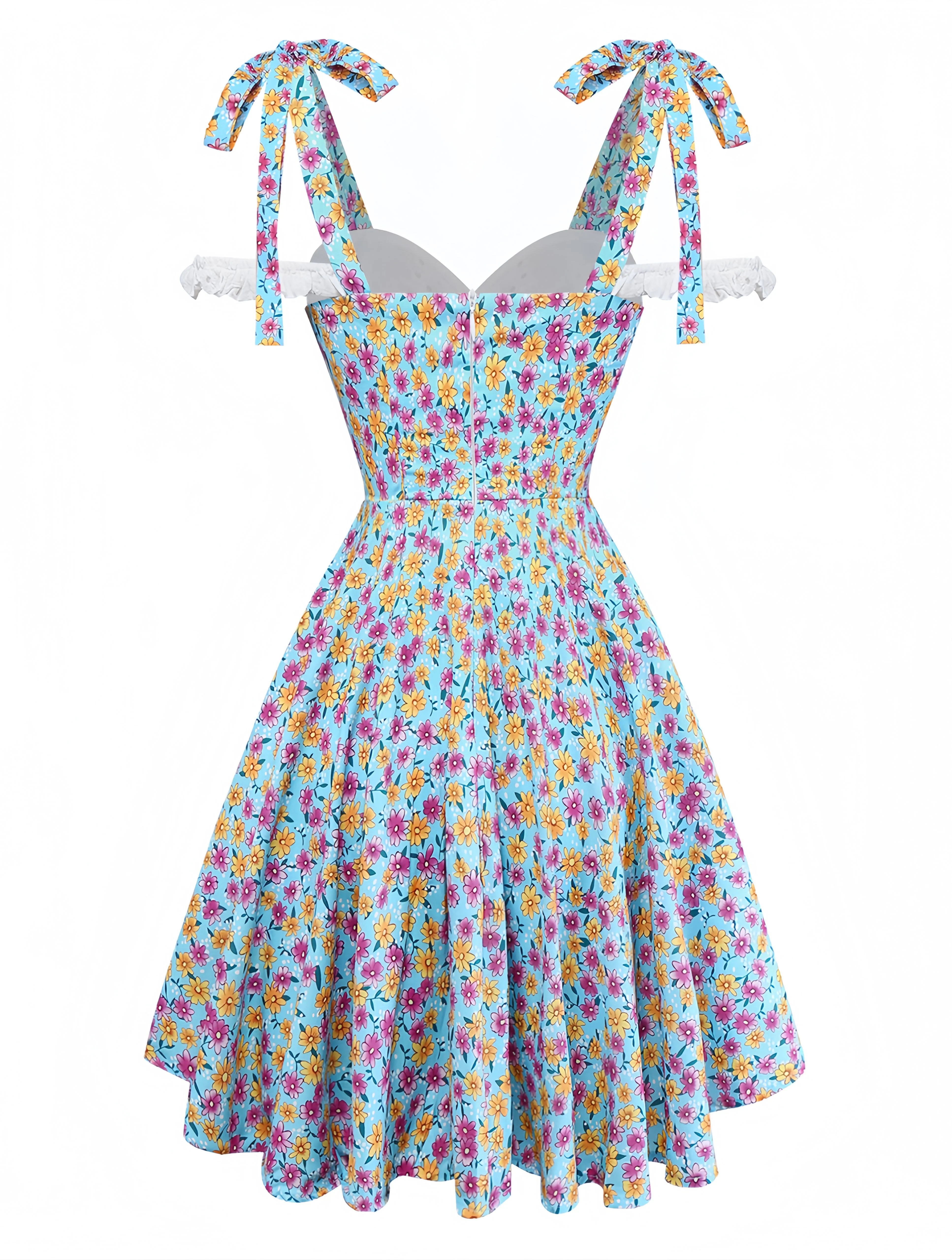 Blue 1960s Daisy Floral V-Neck Slit Short Dress - Image 3