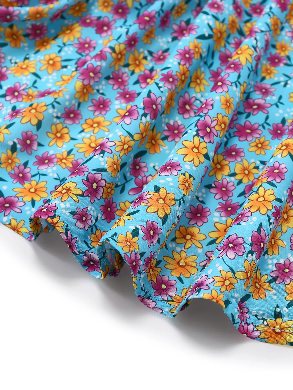 Blue 1960s Daisy Floral V-Neck Slit Short Dress - Image 6