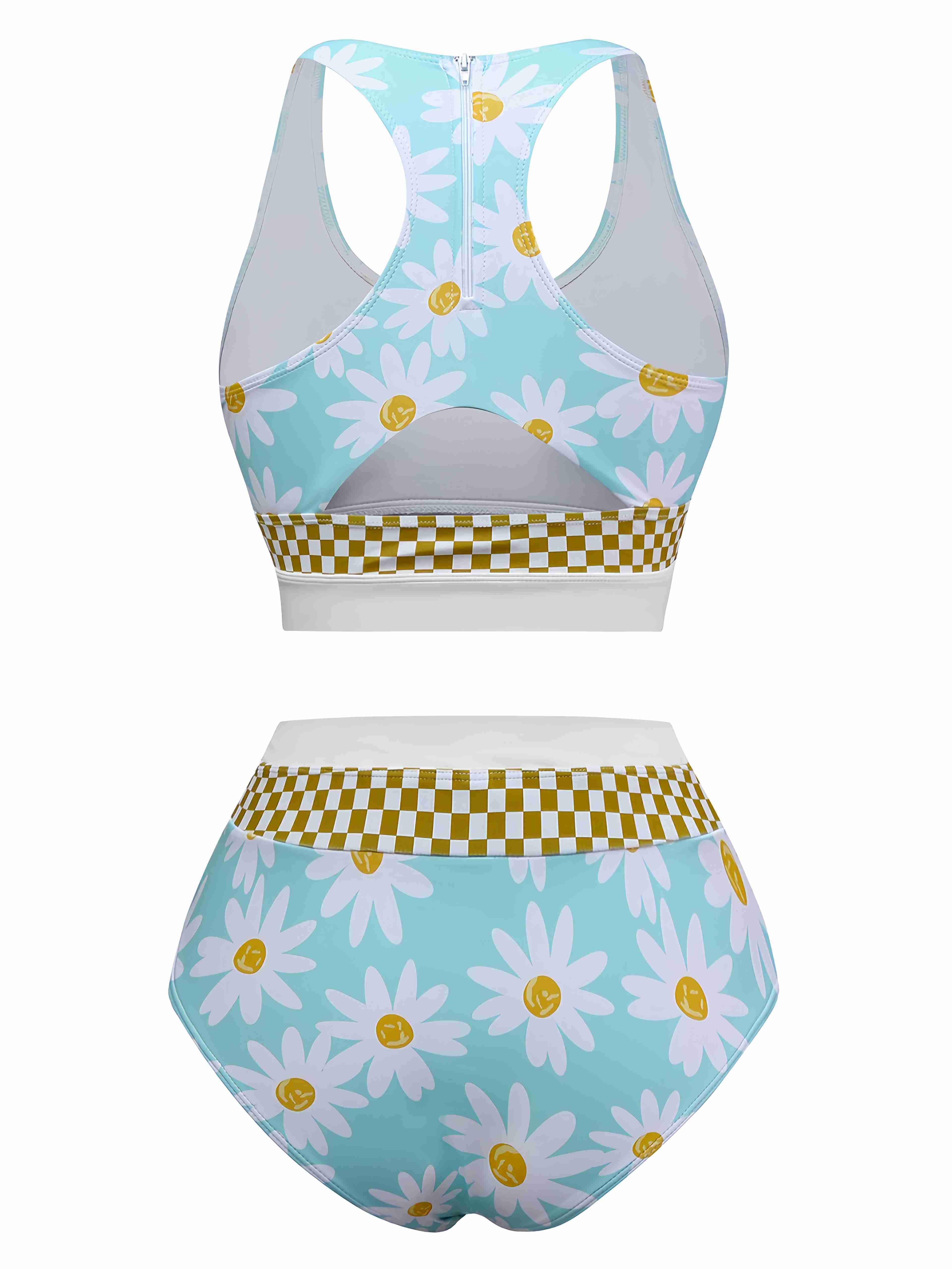 Blue 1960s Daisy Print Check Tankini Set - Image 2