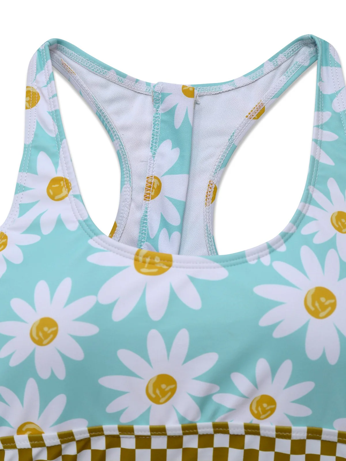 Blue 1960s Daisy Print Check Tankini Set - Image 3