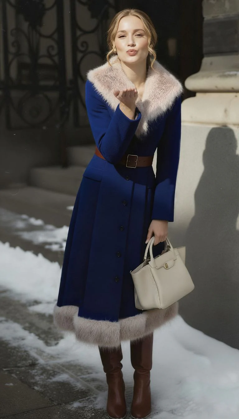 Blue 1960s Faux Fur-Lined Belted Coat - Image 2