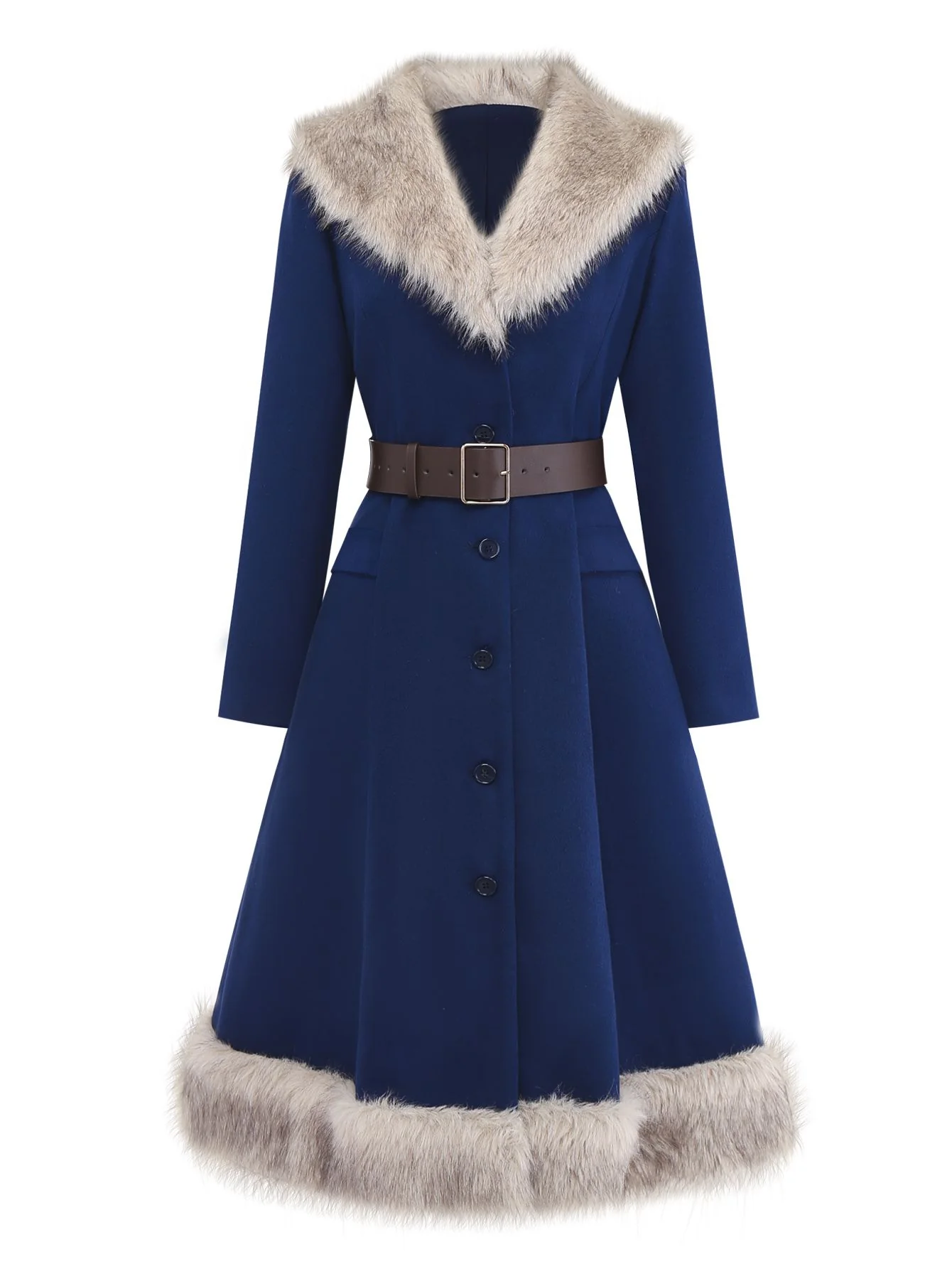 Blue 1960s Faux Fur-Lined Belted Coat - Image 3