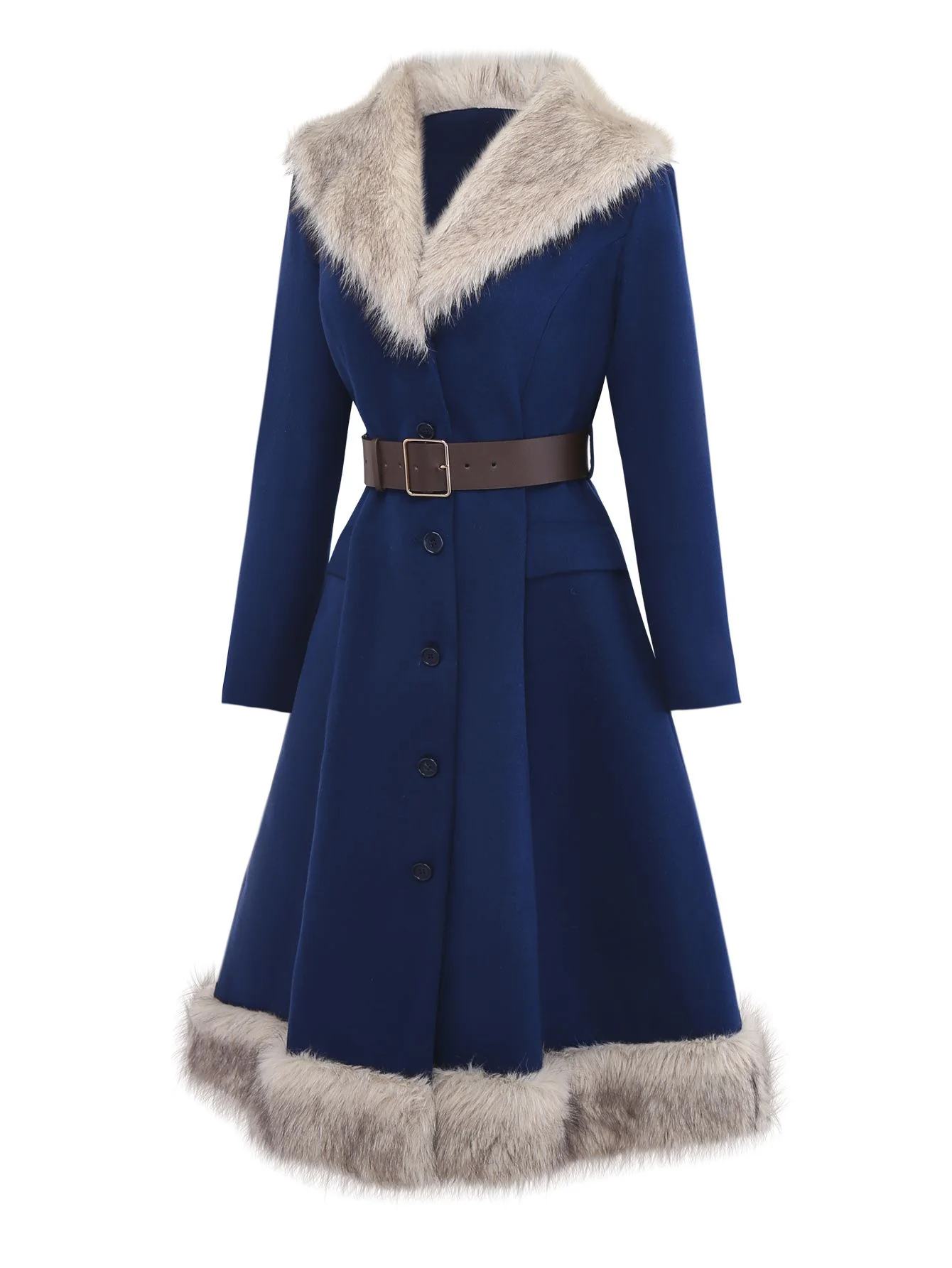 Blue 1960s Faux Fur-Lined Belted Coat - Image 4