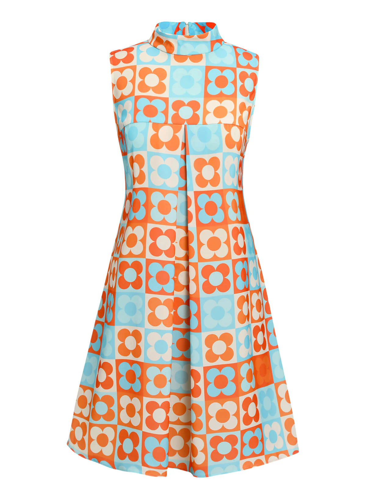 Orange & Blue 1960s Floral Stand Collar Dress - Image 2