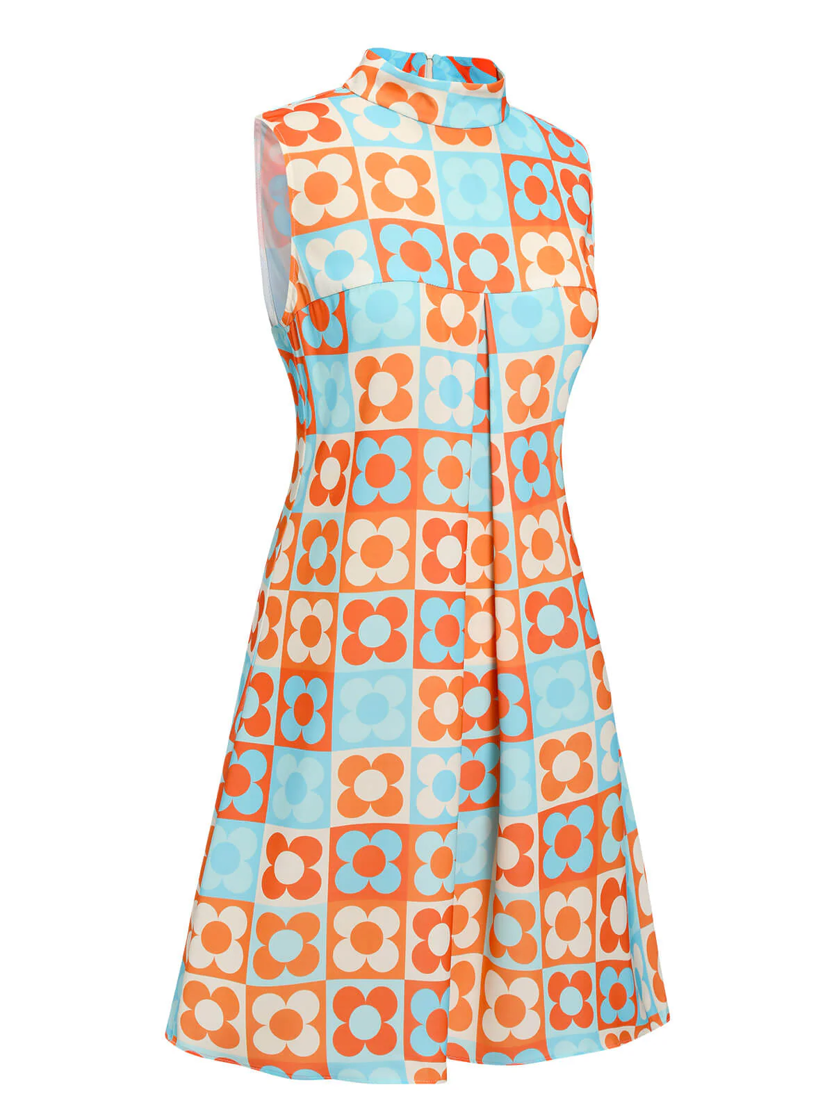 Orange & Blue 1960s Floral Stand Collar Dress - Image 3