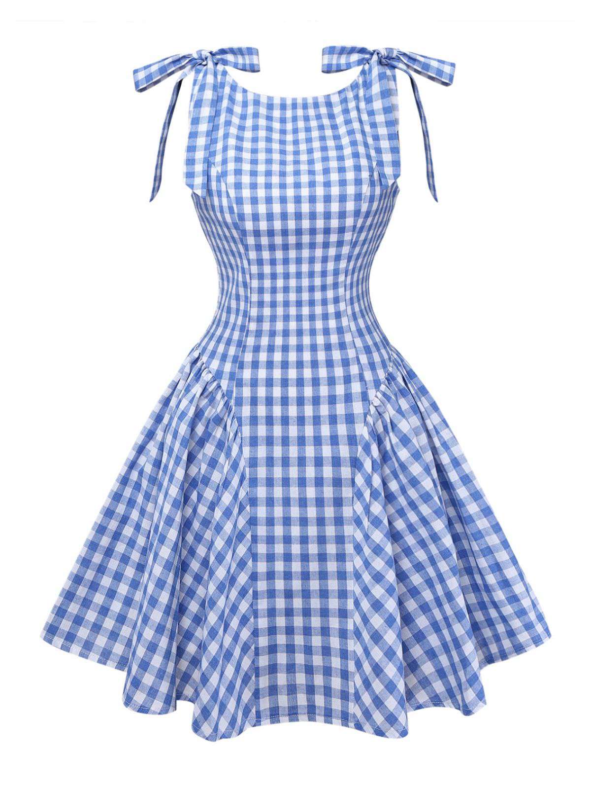 Blue 1960s Gingham Plaid Shoulder-Tie Empire Dress - Image 2